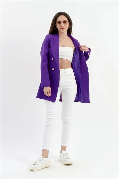 Omuzları Vatkalı Önü Çıtçıtlı Atlas Kumaş Kadın Blazer Ceket - Mor ürün görseli 1