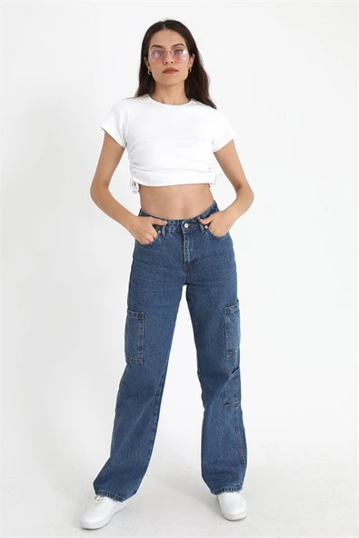 Yüksek Bel Kargo Cep Kapaksız Pantolon - Mavi - Resim 2