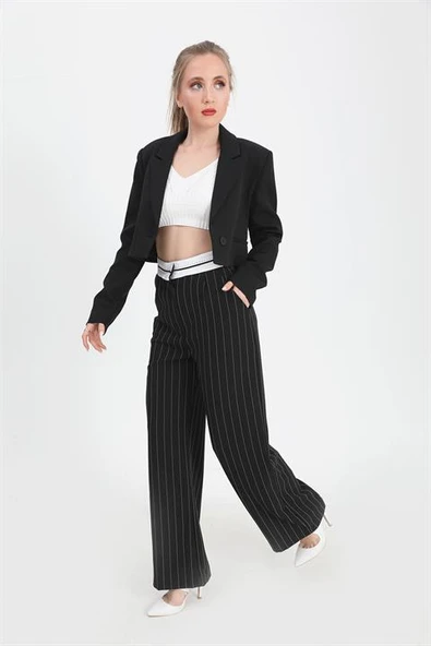 Pantolon Palazzo Garni Kemerli Geniş Çizgili - Siyah - Resim 2