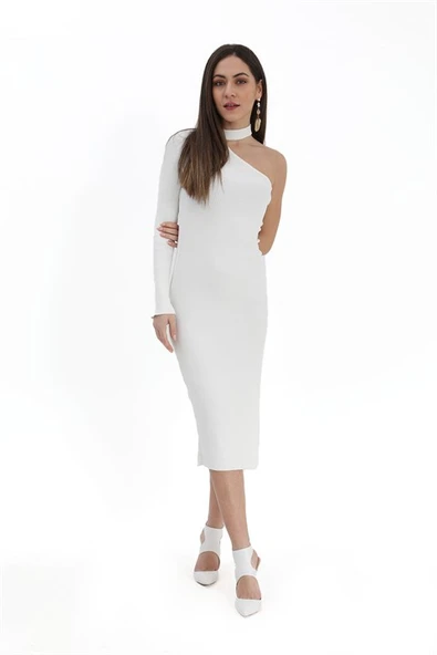 Tek Omuzlu Triko Elbise - Beyaz - Resim 3