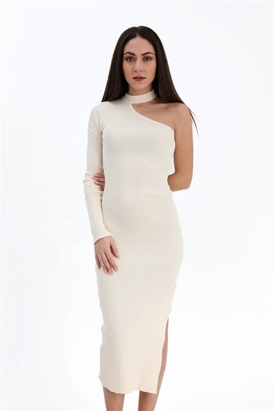 Tek Omuzlu Triko Elbise - Ekru - Resim 3