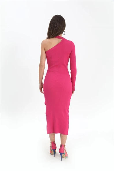 Tek Omuzlu Triko Elbise - Fuşya - Resim 7