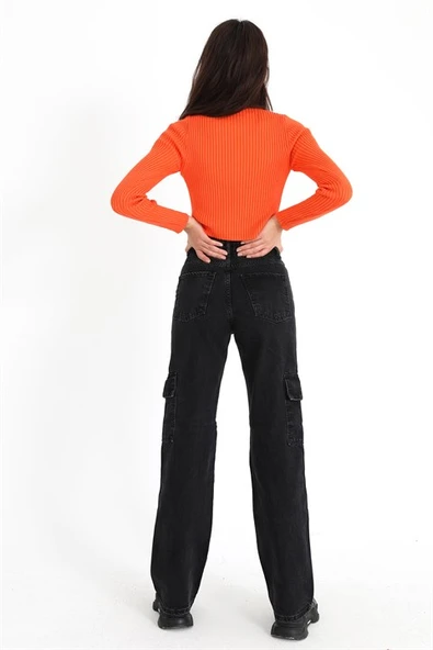 Yüksek Bel Kargo Cep Pantolon - Siyah - Resim 6