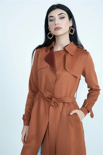 Kemerli Süet Uzun Ceket Trençkot - Tarçın - Resim 5