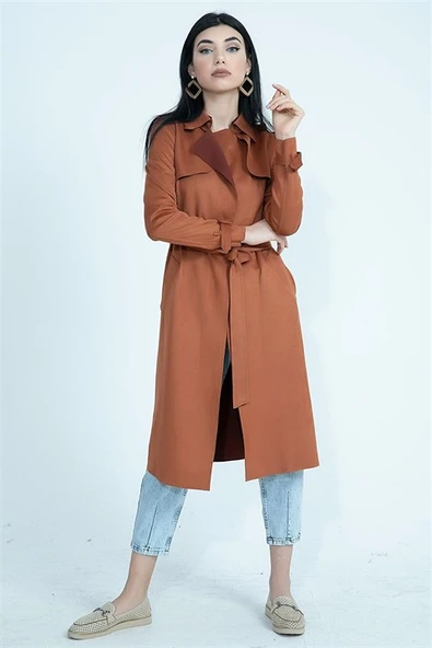 Kemerli Süet Uzun Ceket Trençkot - Tarçın - Resim 2