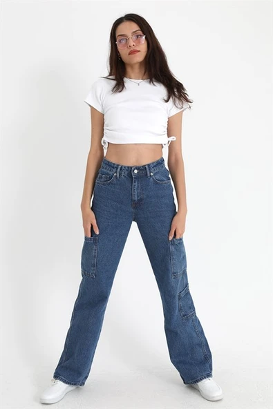 Yüksek Bel Kargo Cep Kapaksız Pantolon - Mavi - Resim 4