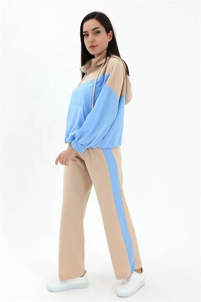 İki Renkli Atlas Kumaş Eşofman Takımı - Mavi - Resim 2