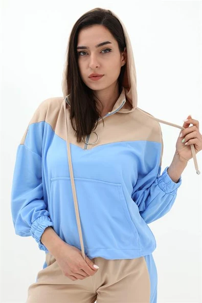 İki Renkli Atlas Kumaş Eşofman Takımı - Mavi - Resim 5