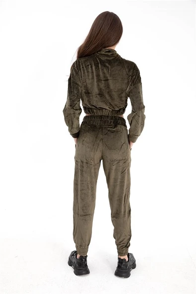 Önü Fermuarlı Kadife Eşofman Takım - Haki - Resim 5