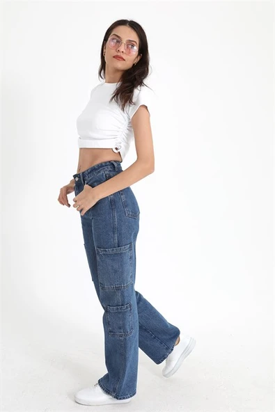 Yüksek Bel Kargo Cep Kapaksız Pantolon - Mavi - Resim 3