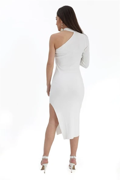 Tek Omuzlu Triko Elbise - Beyaz - Resim 5