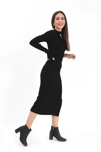 Tek Omuzlu Triko Elbise - Siyah - 3