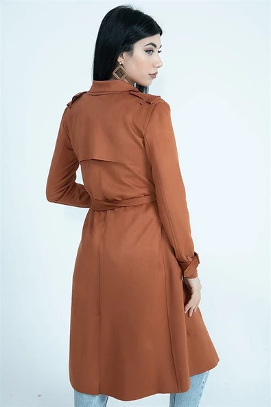 Kemerli Süet Uzun Ceket Trençkot - Tarçın - Resim 6