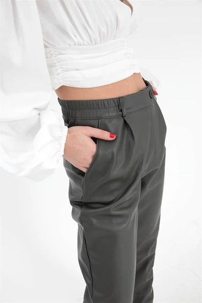 Paçası ve Beli Laslikli Kadın Deri Pantolon - Haki - Resim 5