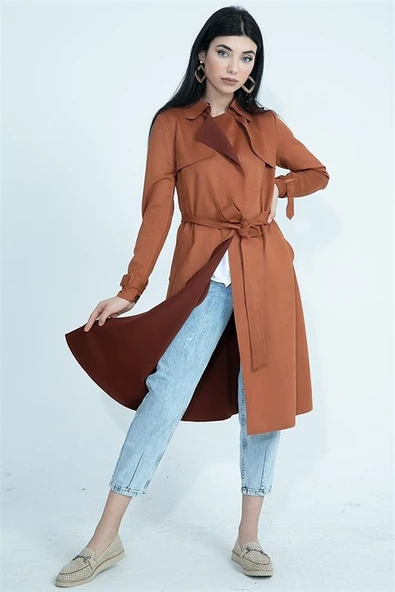 Kemerli Süet Uzun Ceket Trençkot - Tarçın - Resim 3