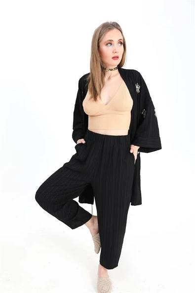 Keten Kimono Takım Göz Nakışlı - Siyah ürün görseli 1