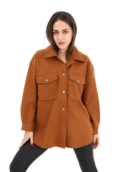 Çıtçıtlı Cepli Kaşe Gömlek Ceket - Kahverengi - Resim 2