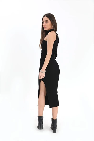 Tek Omuzlu Triko Elbise - Siyah - 8