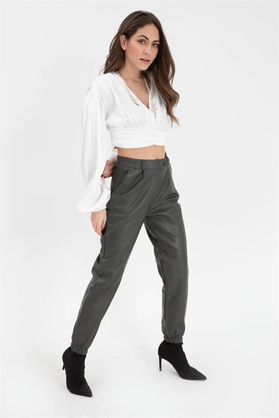 Paçası ve Beli Laslikli Kadın Deri Pantolon - Haki - Resim 2