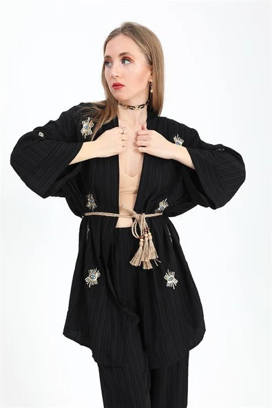 Keten Kimono Takım Göz Nakışlı - Siyah - Resim 5