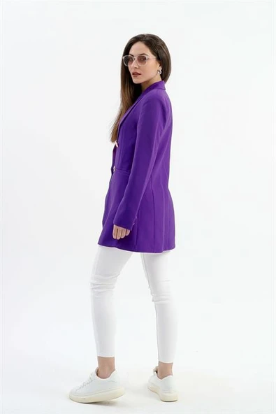 Omuzları Vatkalı Önü Çıtçıtlı Atlas Kumaş Kadın Blazer Ceket - Mor - Resim 2