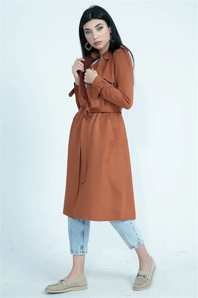 Kemerli Süet Uzun Ceket Trençkot - Tarçın - Resim 4