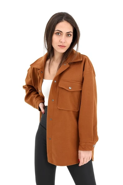 Çıtçıtlı Cepli Kaşe Gömlek Ceket - Kahverengi - Resim 3