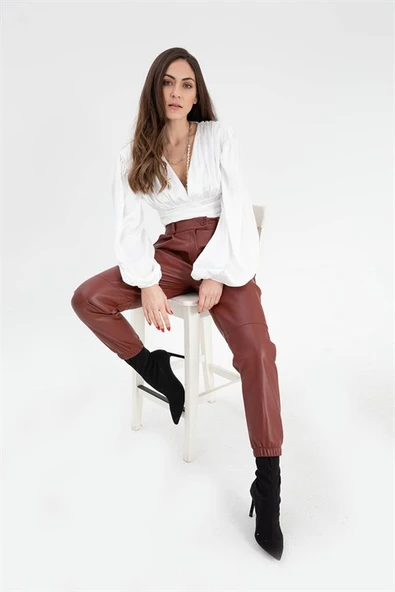 Paçası ve Beli Laslikli Kadın Deri Pantolon - Bordo ürün görseli 1