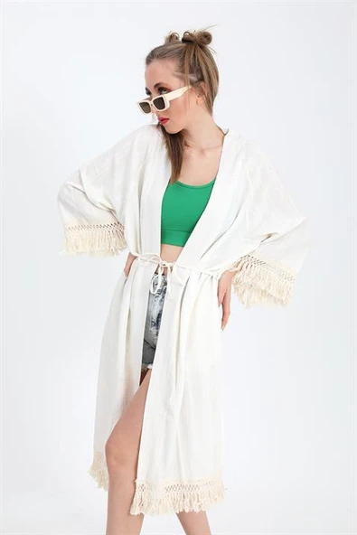 Kimono Palmiye Baskılı Püsküllü - Ekru ürün görseli 1