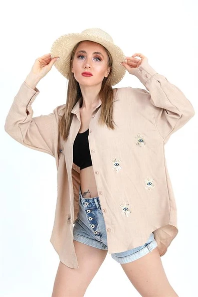 Gömlek Keten Göz Nakışlı - Bej - Resim 2