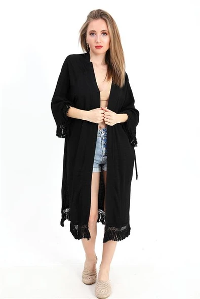 Kimono Palmiye Baskılı Püsküllü - Siyah - Resim 3