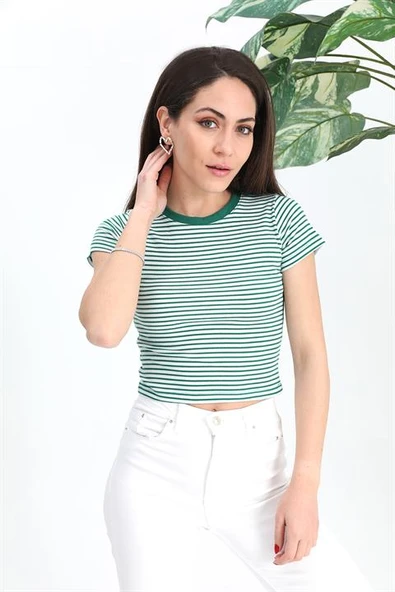 Bluz Bisiklet Yaka Çizgili Kaşkorse - Yeşil ürün görseli 1