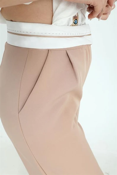 Pantolon Palazzo Garni Kemerli Atlas Kumaş - Bej - Resim 6