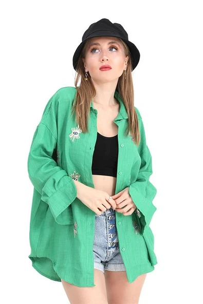 Gömlek Keten Göz Nakışlı - Yeşil - Resim 3