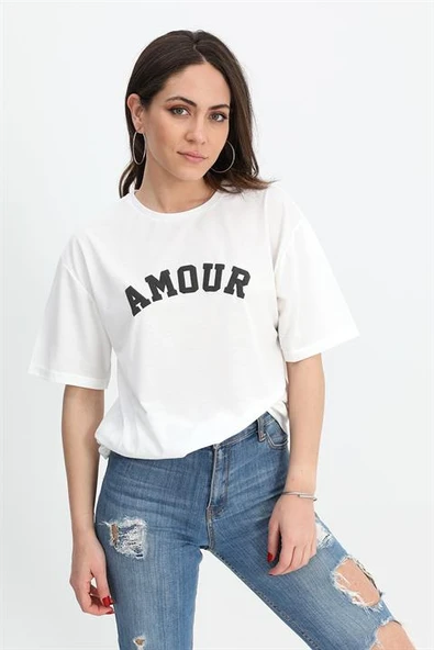 T-shirt Bisiklet Yaka Amour Baskılı - Siyah - Resim 2