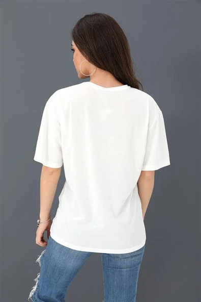 T-shirt Bisiklet Yaka Amour Baskılı - Bej - Resim 3