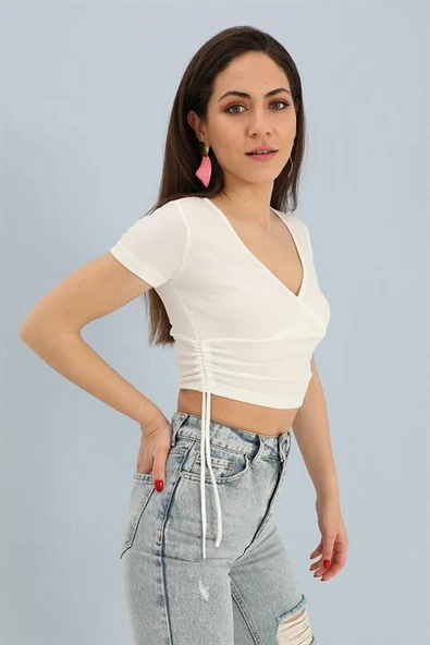 Bluz Kruvaze Yaka Yanları Tünelli - Ekru - Resim 2
