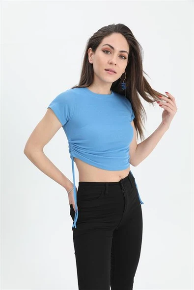 Bluz Bisiklet Yaka Yanları Büzgülü - Mavi - Resim 2