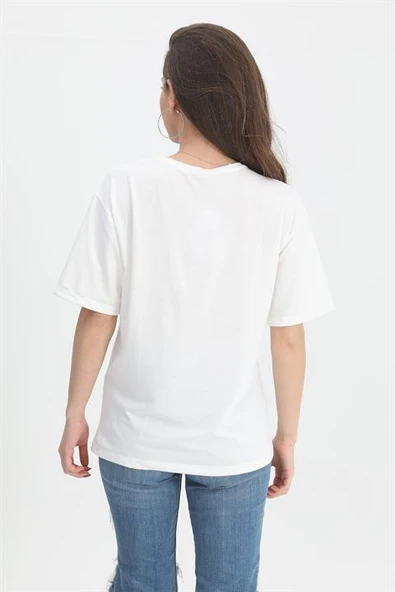 T-shirt Kabartma Baskı Bisiklet Yaka - Bej - Resim 3