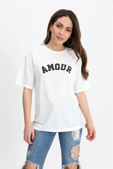 T-shirt Bisiklet Yaka Amour Baskılı - Siyah ürün görseli 1