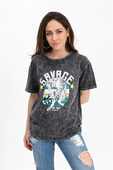 T-shirt Yıkamalı Kumaş Bisiklet Yaka - Antrasit ürün görseli 1