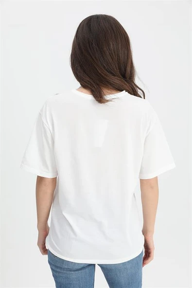 T-shirt Kız Baskılı Taş İşlemeli - Bej - Resim 3