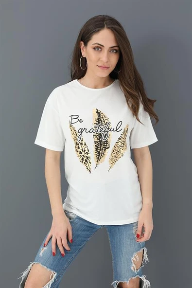 T-shirt Bisiklet Yaka Yaprak Baskılı - Ekru ürün görseli 1