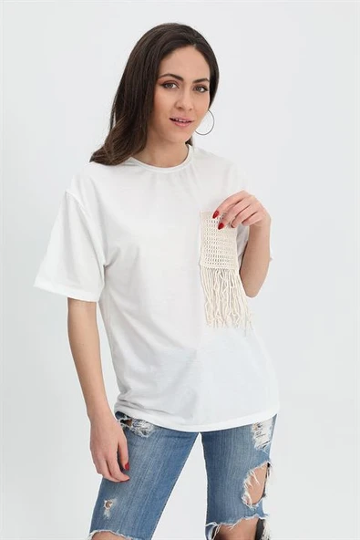 T-shirt Bisiklet Yaka Cep detaylı - Ekru - Resim 3