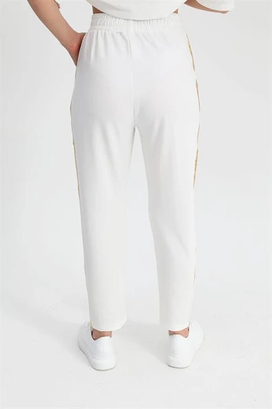 Takım Eteği Çimalı Kuş Baskılı Beli Lastikli T-shirt Pantolon - Ekru - Resim 5