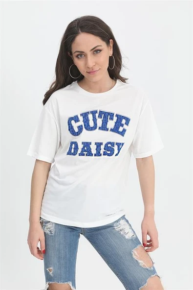 T-shirt Kabartma Baskı Bisiklet Yaka - Mavi ürün görseli 1