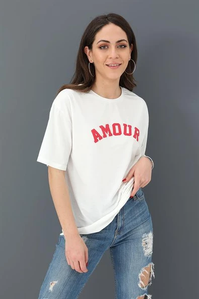 T-shirt Bisiklet Yaka Amour Baskılı - Kırmızı - Resim 2