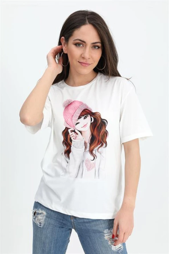 T-shirt Kız Baskılı Taş İşlemeli - Pembe