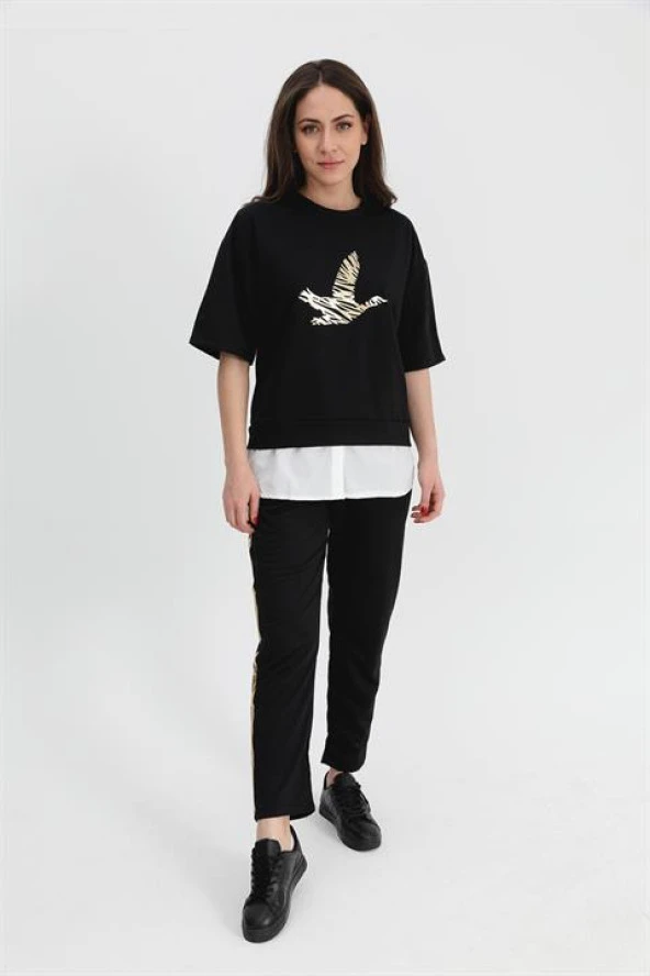 Takım Eteği Çimalı Kuş Baskılı Beli Lastikli T-shirt Pantolon - Siyah