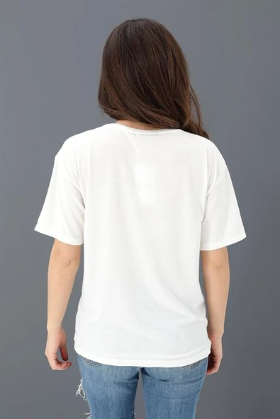 T-shirt Bisiklet Yaka Yaprak Baskılı - Ekru - Resim 3